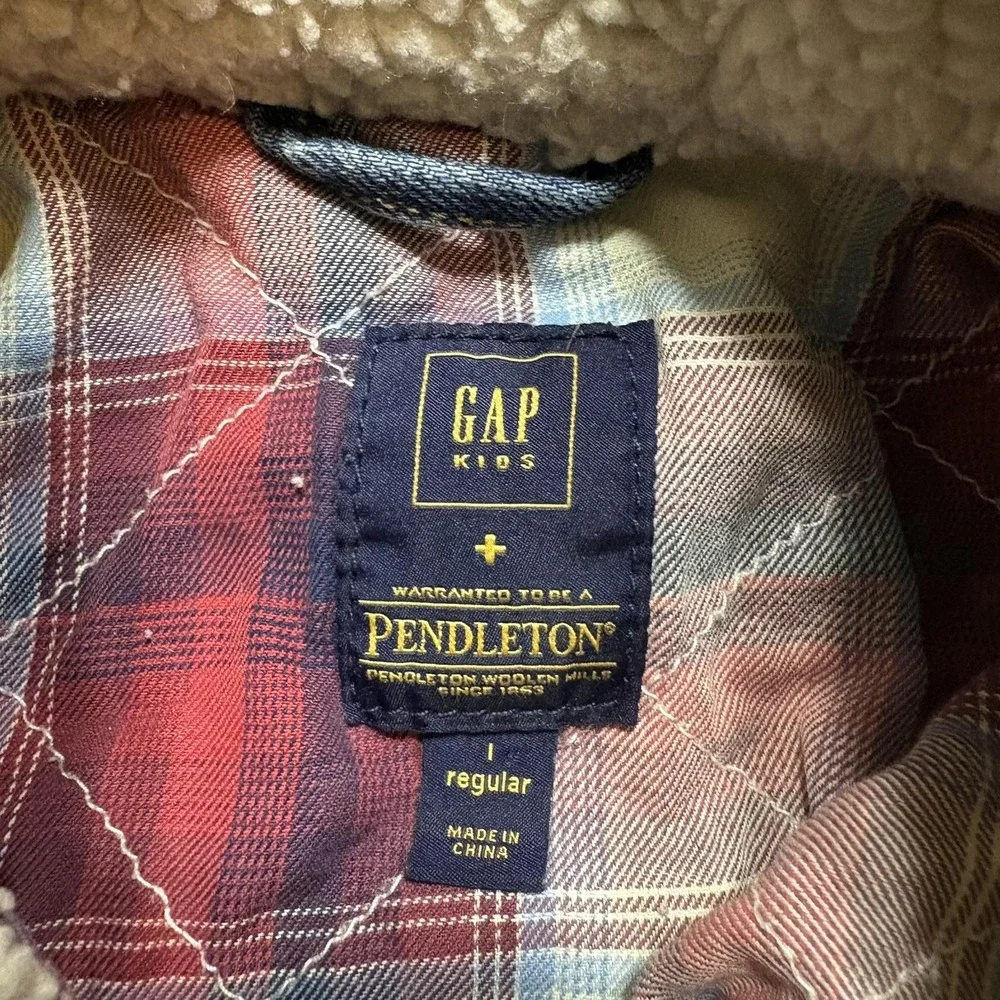 Gap Pendleton Kids Denim Jacket Youth Large 10-11 Blue Sherpa Collar Plaid Lined